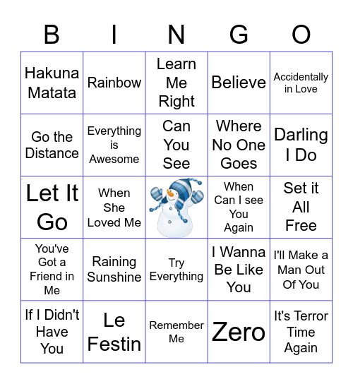 Animated Movie Songs Bingo Card