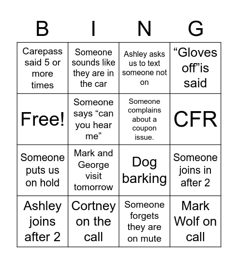 Tuesday call Bingo Card