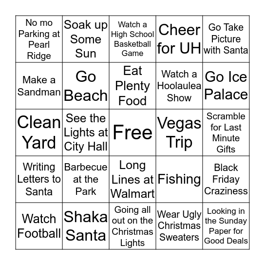 Winter in Hawaii Bingo Card