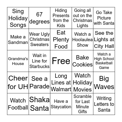 Winter in Hawaii Bingo Card