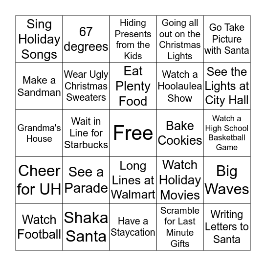 Winter in Hawaii Bingo Card