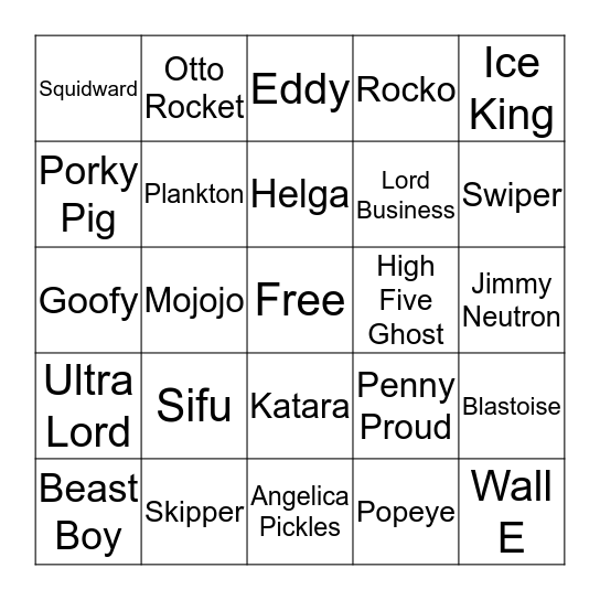 Famous Cartoon Characters Bingo Card