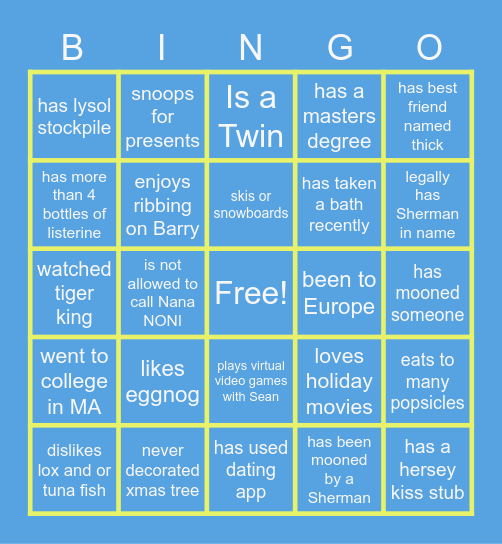 Sherman Hannukah Bingo Card