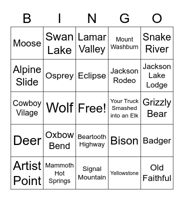Yellowstone & Teton BINGO Card