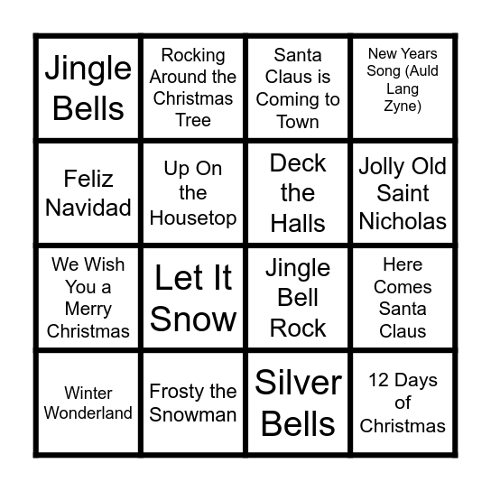 Holiday Song Bingo Card