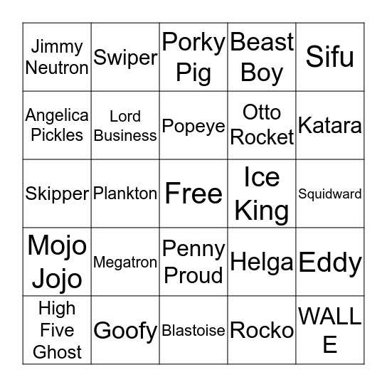 Famous Cartoon Characters Bingo Card