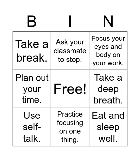 Distraction Bingo Card