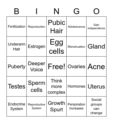 Puberty BINGO Card
