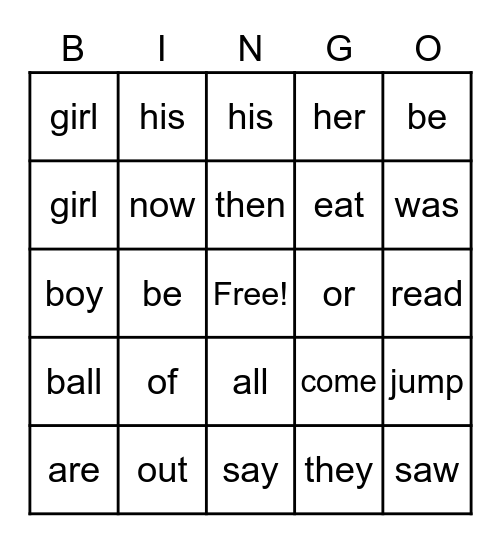 Sight words Bingo Card