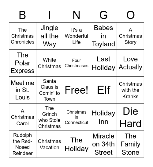 Christmas Movie Bingo Card