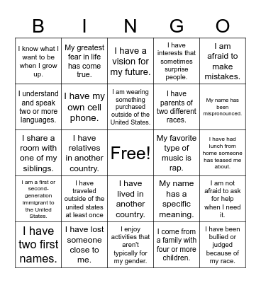 Chadwick 6th Grade Advisory Bingo Card