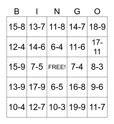Subtraction Facts Bingo Card