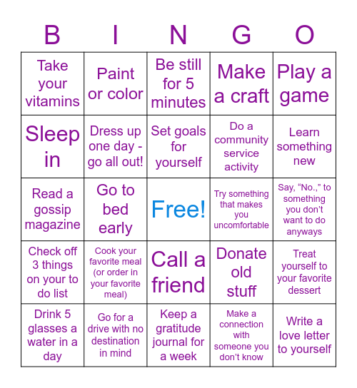 Self Care BINGO Part 2 Bingo Card