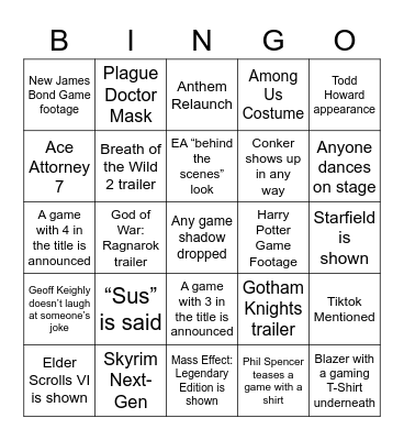 Cade's Game Awards Bingo Card Bingo Card
