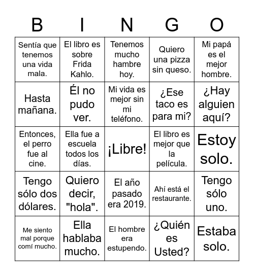 LOTO Español 2 Unidad 2 Bingo Card