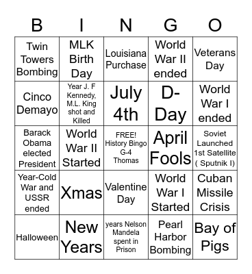 History - Bingo G-4  Bingo Card