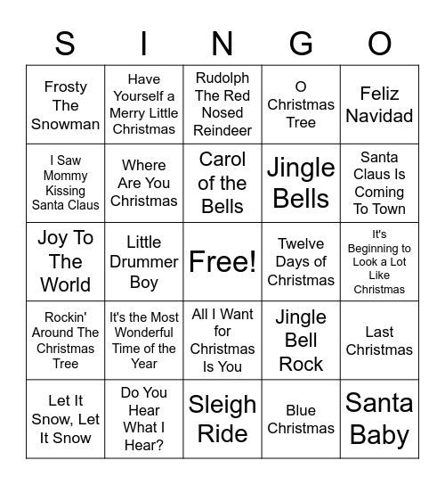 Holiday SINGO Bingo Card