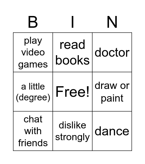 Hobbies Bingo Card