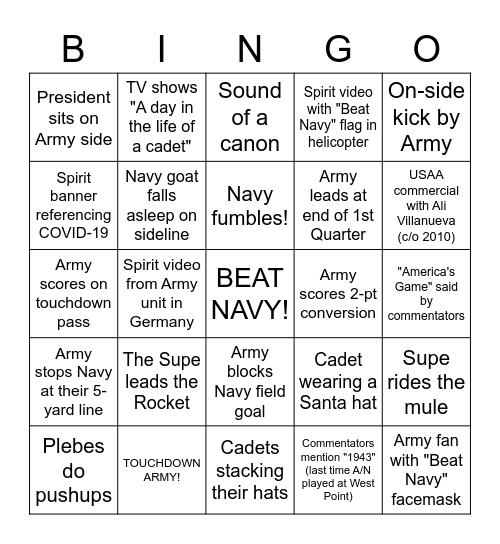 Army Navy Game 2020 Bingo Card