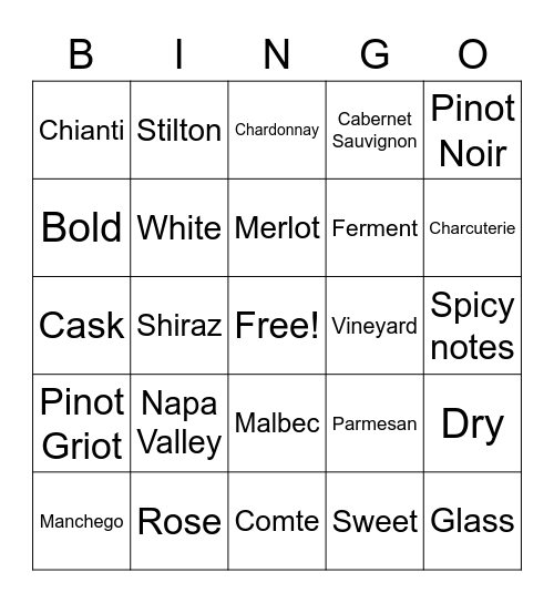 Wine and Cheese Tasting Bingo Card