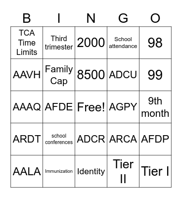 TCA Bingo Card