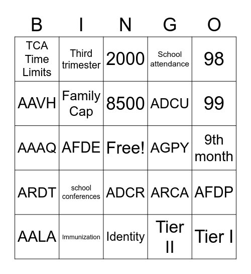 TCA Bingo Card