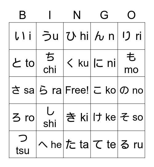 Hiragana Bingo Card