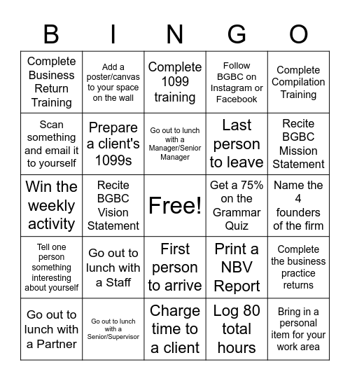 January 18 - January 29 Bingo Card