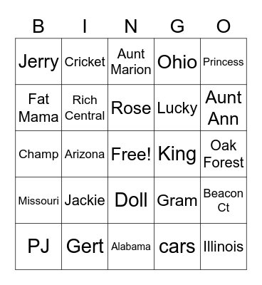 Johnson Family Bingo Card