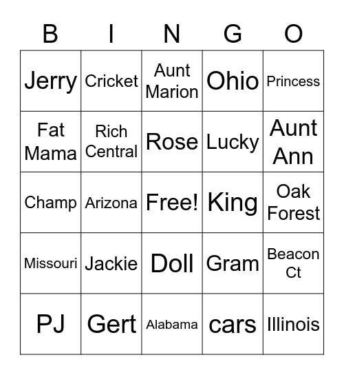 Johnson Family Bingo Card