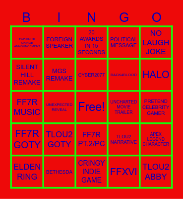 Game Awards Bingo Card