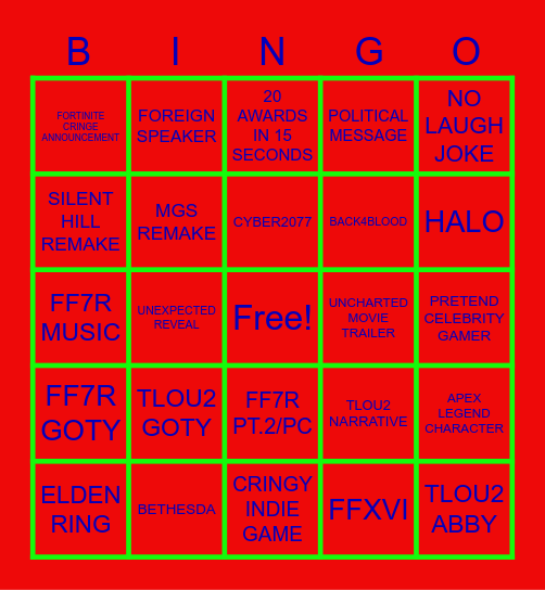 Game Awards Bingo Card