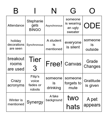 December Staff Meeting Bingo Card