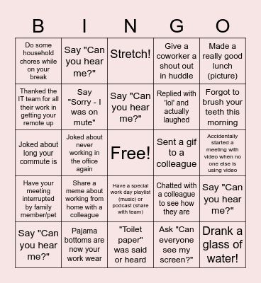 Remote Work Bingo Card
