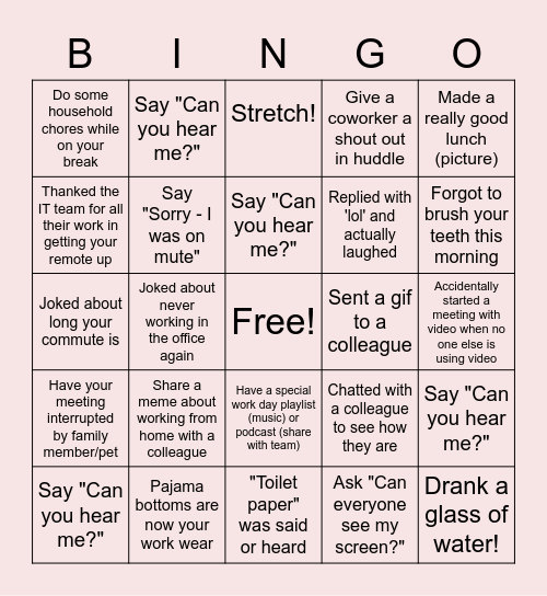 Remote Work Bingo Card