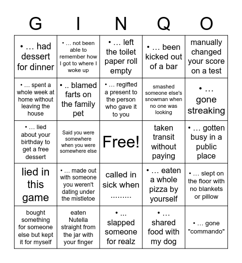 GINQO Bingo "Never have I ever......" Bingo Card
