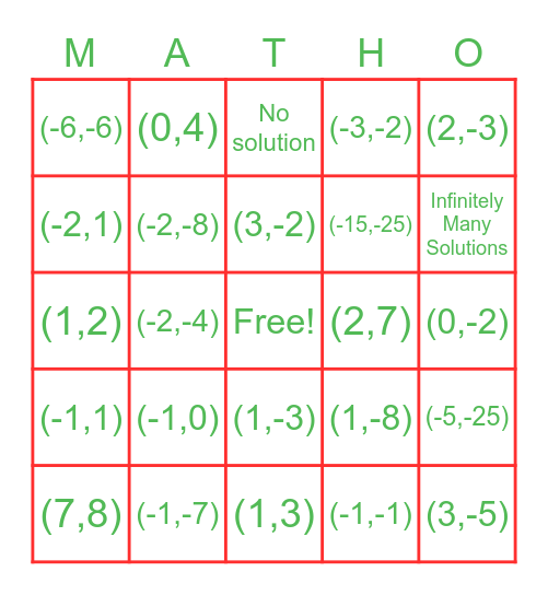 Equal Values Method Bingo Card