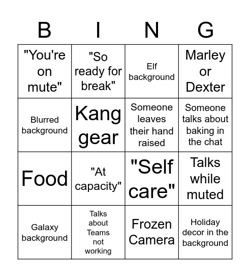 Kangs Holiday Bingo Card