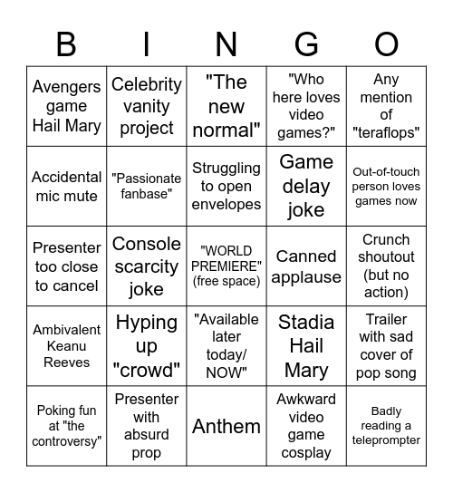 Fanbyte's 2020 Gamer Awards Bingo Card