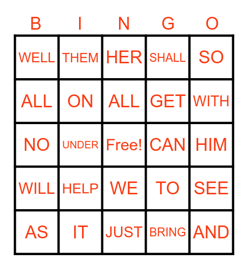 Sight Word Bingo Card