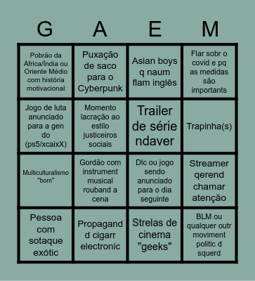 Gaem Awards 2020 Bingo Card