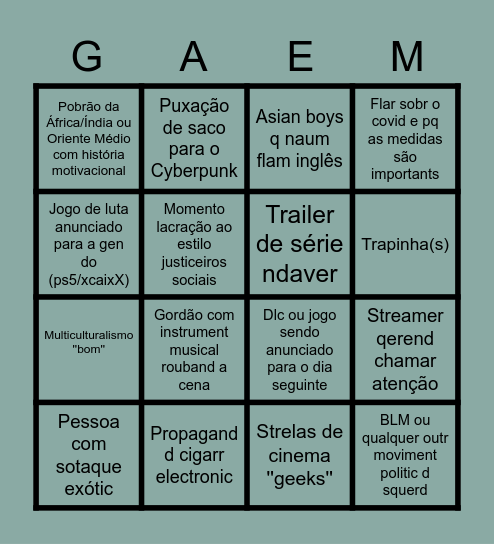 Gaem Awards 2020 Bingo Card