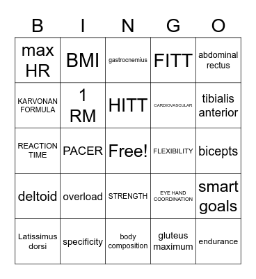 Fitness Concepts Bingo Card