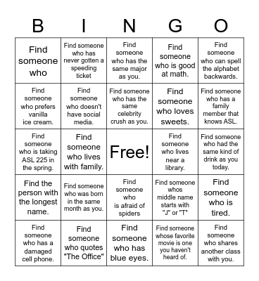 ASL Bingo Card