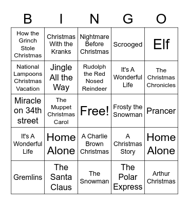 Christmas Movie Bingo Card