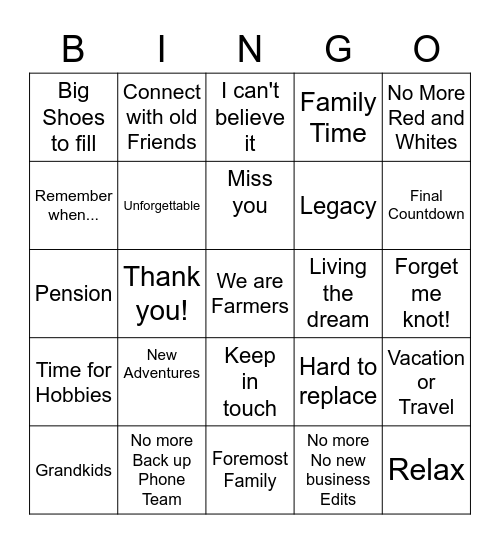 Retirement Bingo Card