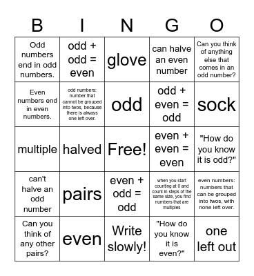 Odds and Evens Bingo Card