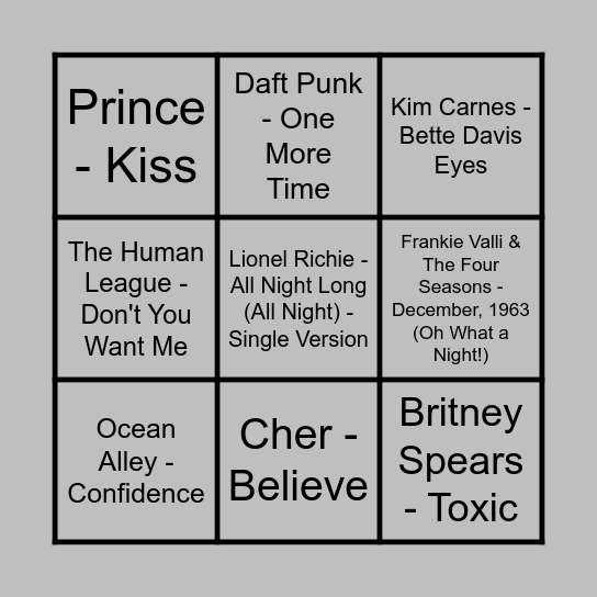 Prince Music Bingo #2 Bingo Card