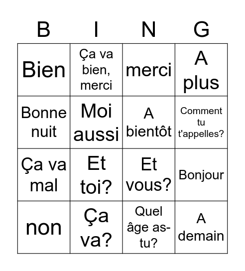 Greetings in French Bingo Card