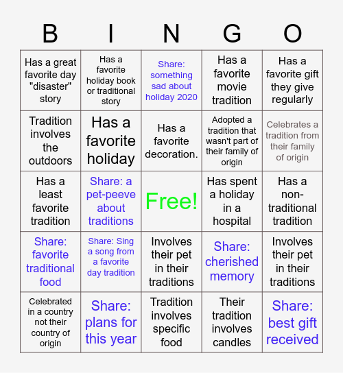 "Favorite Day / Holiday" Traditions Bingo Card